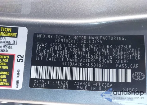 2025 Toyota Camry Se from USA, damaged, VIN 4T1DAACK4SU591975